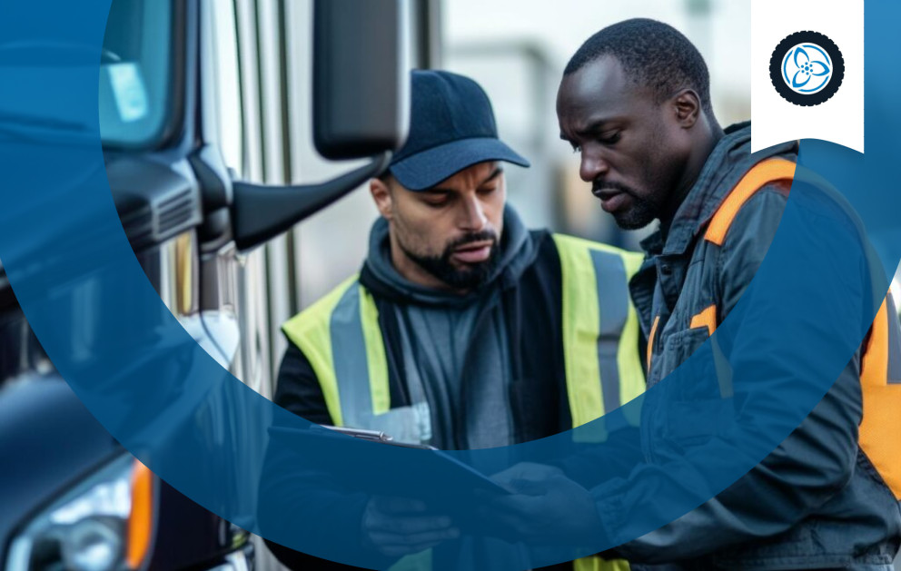 Two workers reviewing a clipboard